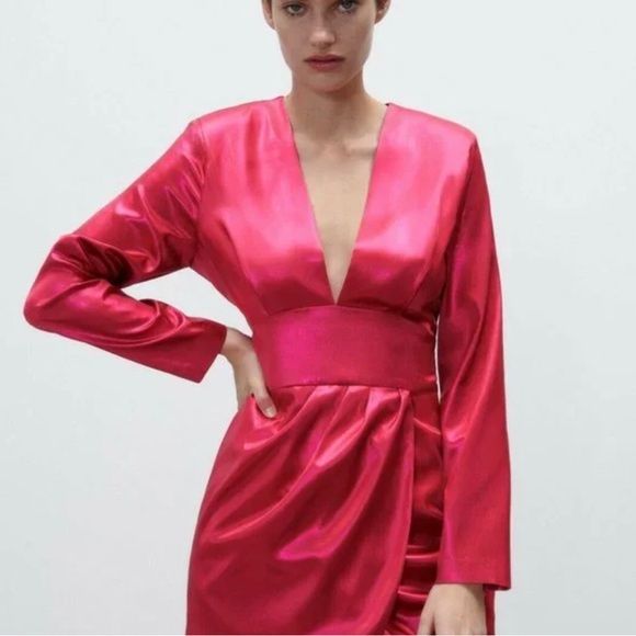 Zara Dresses & Skirts - Barbie Style- ZARA NEW WOMAN SATIN like Barbie MINI DRESS FUCHSIA L long Sleeve